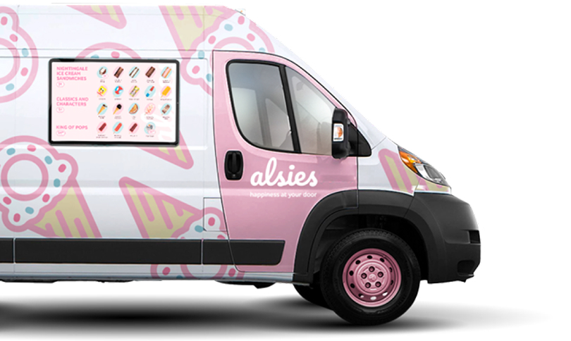 Alsies ice cream truck serving a neighborhood